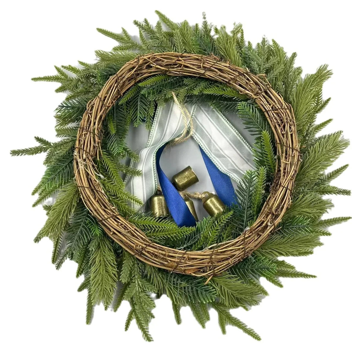 Door Wreath Faux Evergreen 18 Inch Ribbon & Bells