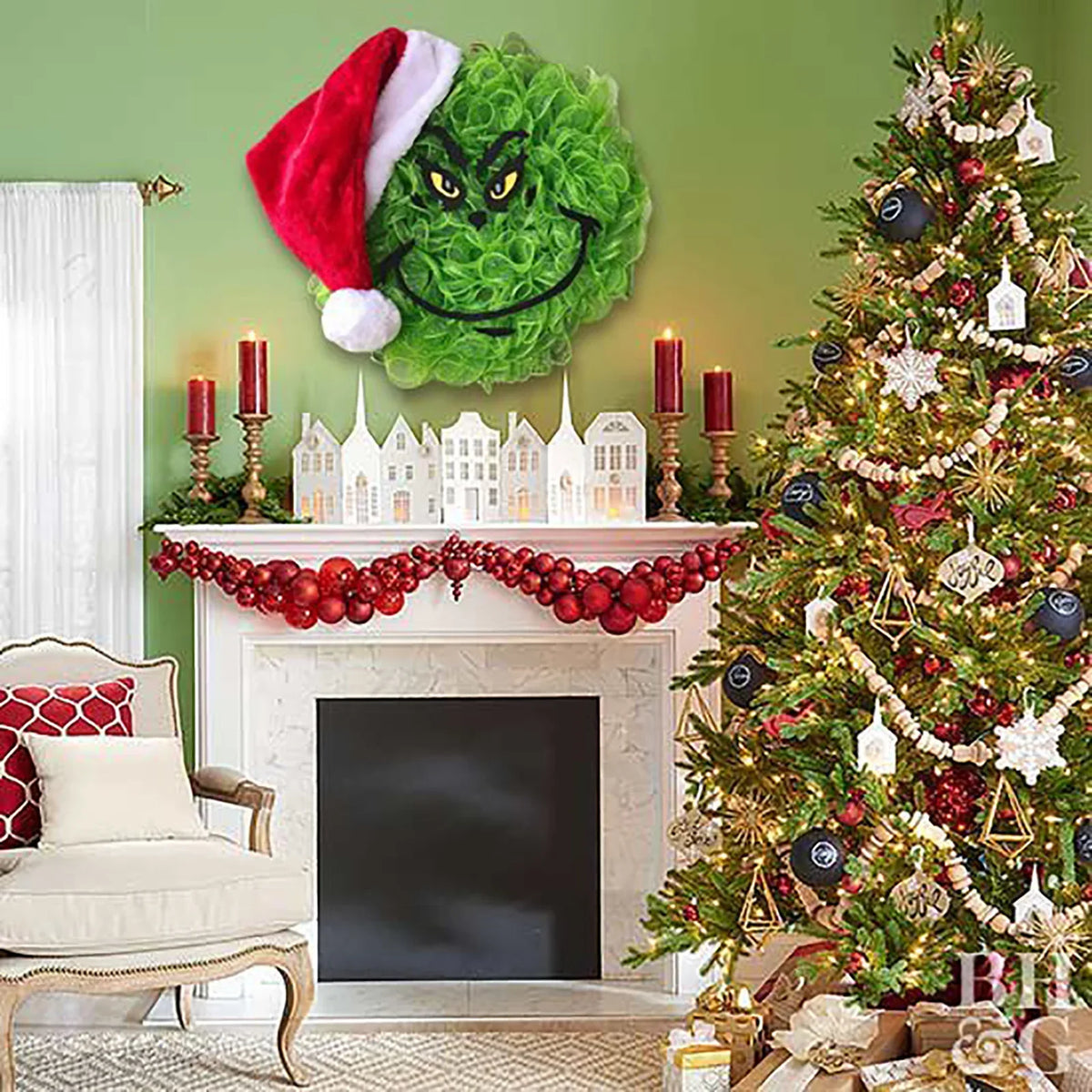 Door Wreath Whimsical Grinch Face Weather-Resistant 15.75 Inch