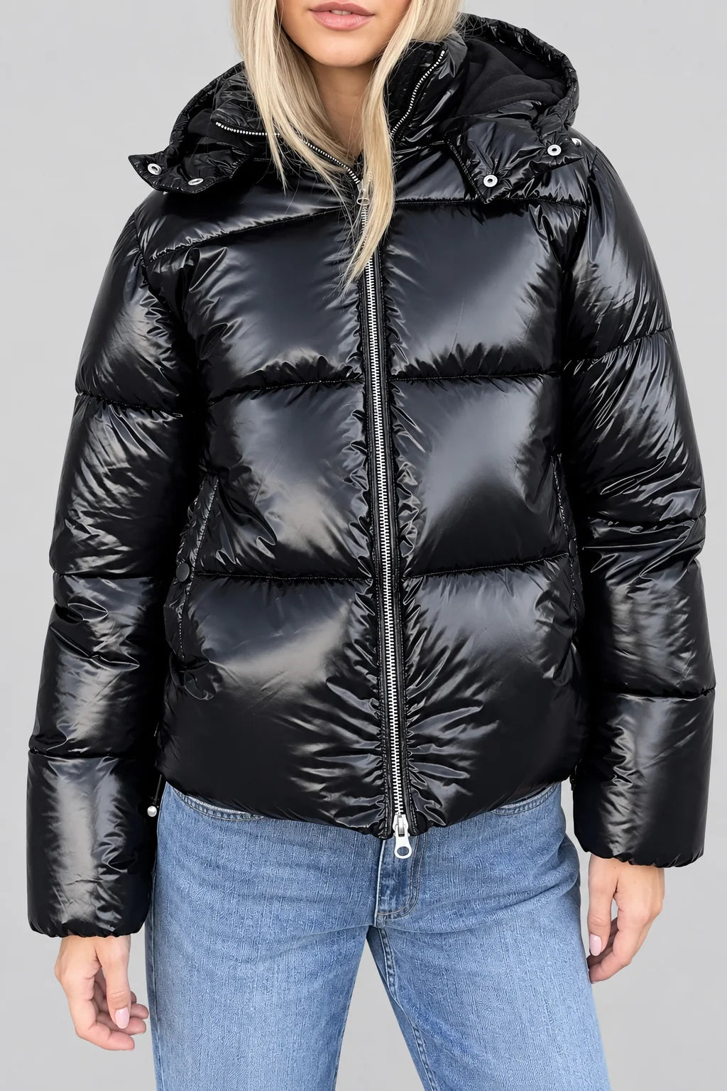 Down Jacket Lightweight Adjustable Hood Glossy Finish