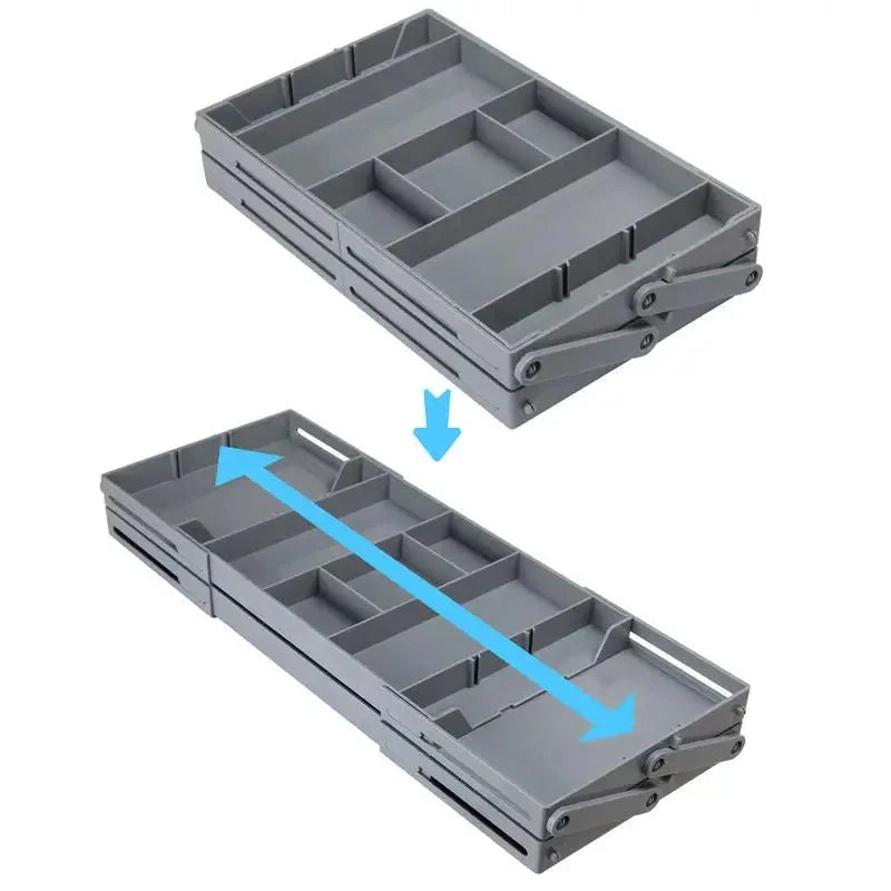 Drawer Organizer Adjustable Collapsible Multi-Tier ABS flipped? Wait title. Need no issue. "Drawer Organizer Adjustable Collapsible Multi-Tier ABS" fine.