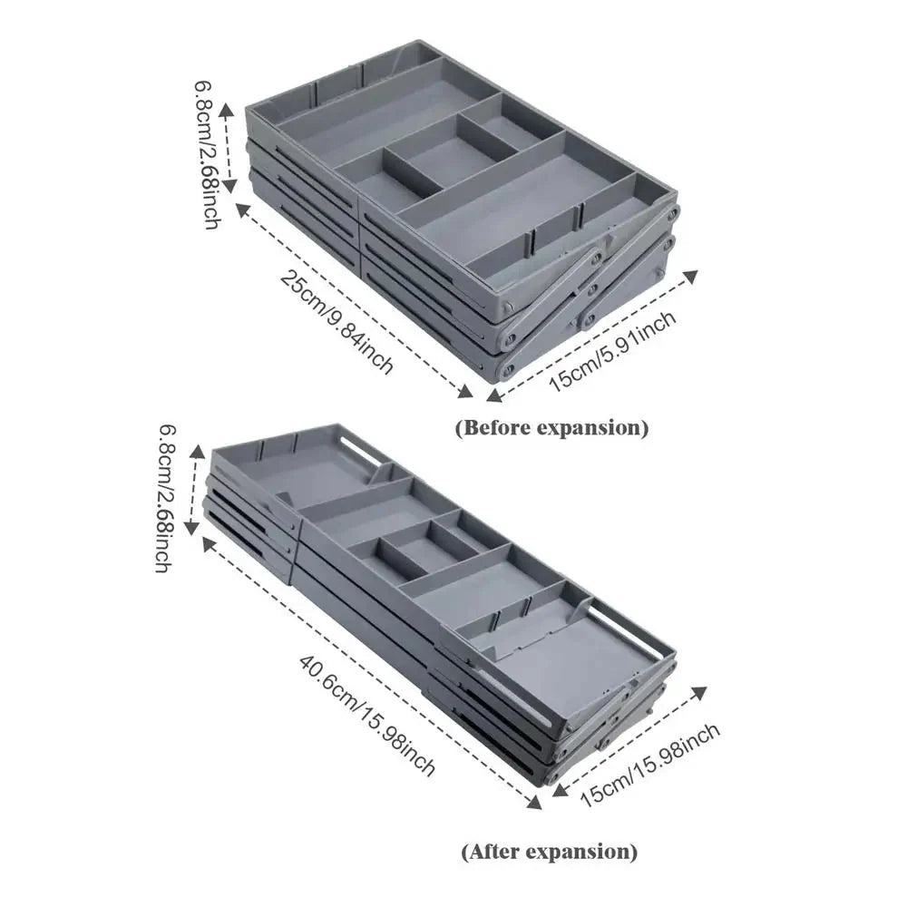 Drawer Organizer Adjustable Collapsible Multi-Tier ABS flipped? Wait title. Need no issue. "Drawer Organizer Adjustable Collapsible Multi-Tier ABS" fine.