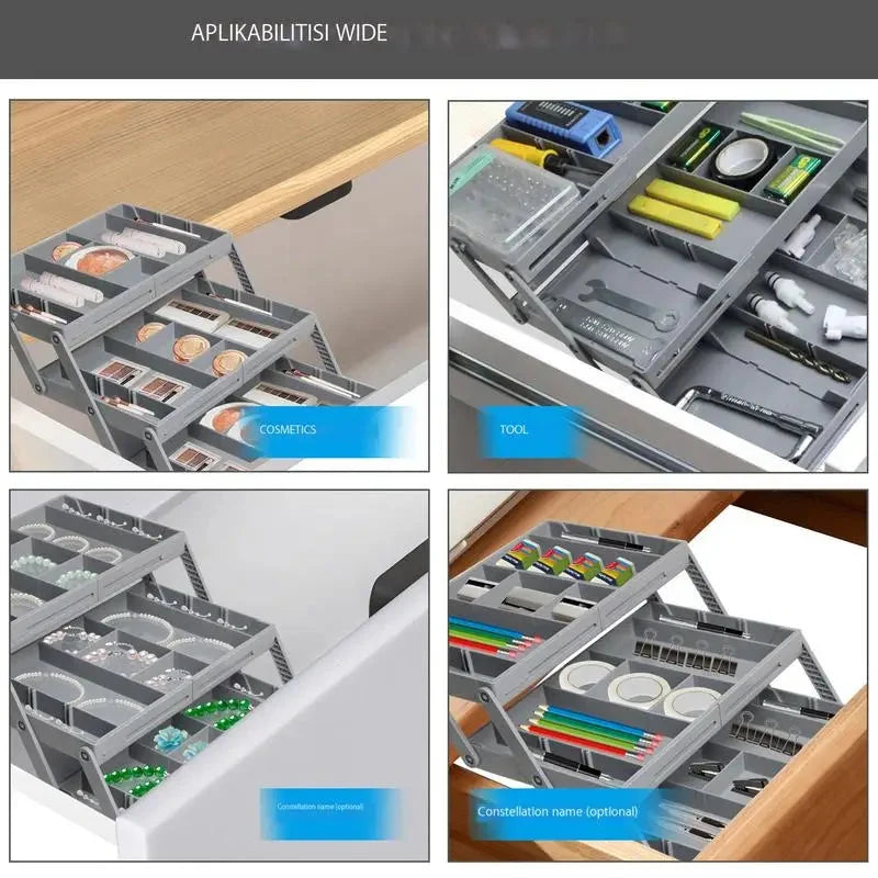 Drawer Organizer Adjustable Collapsible Multi-Tier ABS flipped? Wait title. Need no issue. "Drawer Organizer Adjustable Collapsible Multi-Tier ABS" fine.