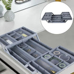 Drawer Organizer Adjustable Collapsible Multi-Tier ABS flipped? Wait title. Need no issue. "Drawer Organizer Adjustable Collapsible Multi-Tier ABS" fine.