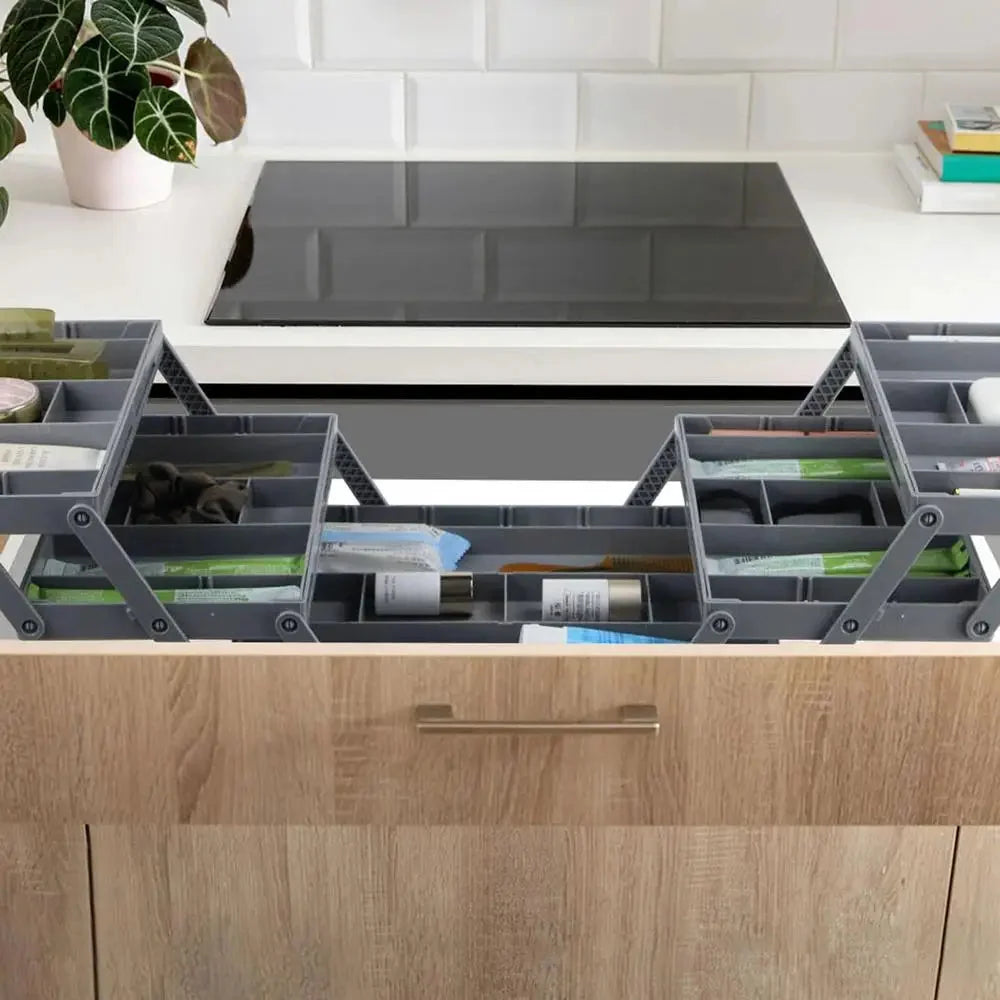 Drawer Organizer Adjustable Collapsible Multi-Tier ABS flipped? Wait title. Need no issue. "Drawer Organizer Adjustable Collapsible Multi-Tier ABS" fine.