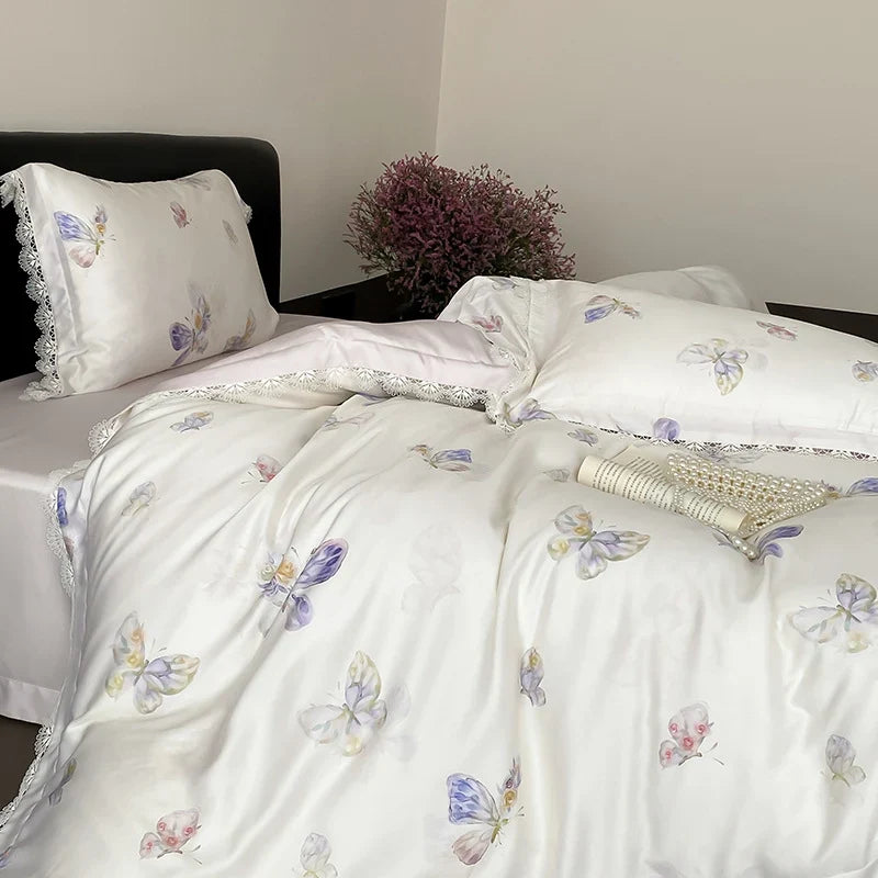 Duvet Cover Fine Satin Butterfly Print & Lace Trim