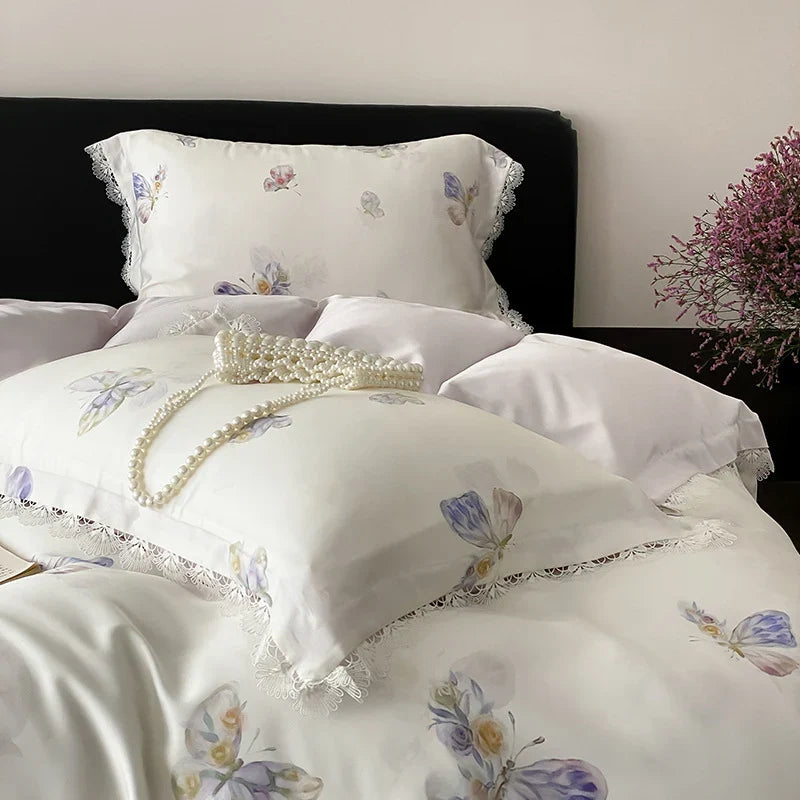 Duvet Cover Fine Satin Butterfly Print & Lace Trim