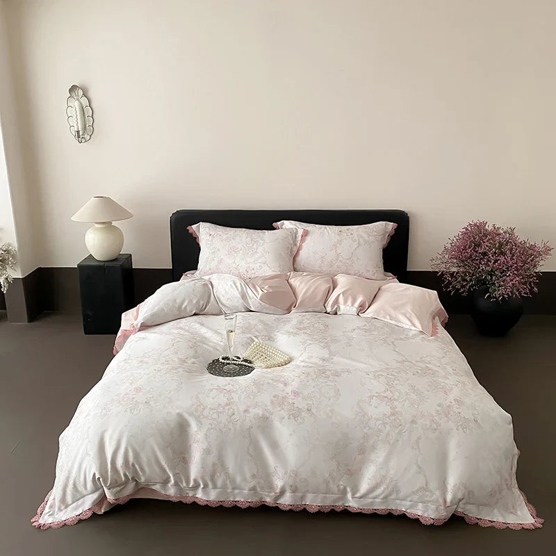 Duvet Cover Fine Satin Butterfly Print & Lace Trim