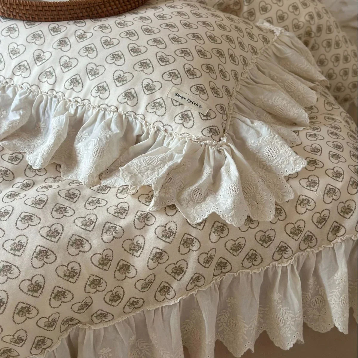 Duvet Cover Heart & Rose Print Lace Ruffle Cotton-Blend