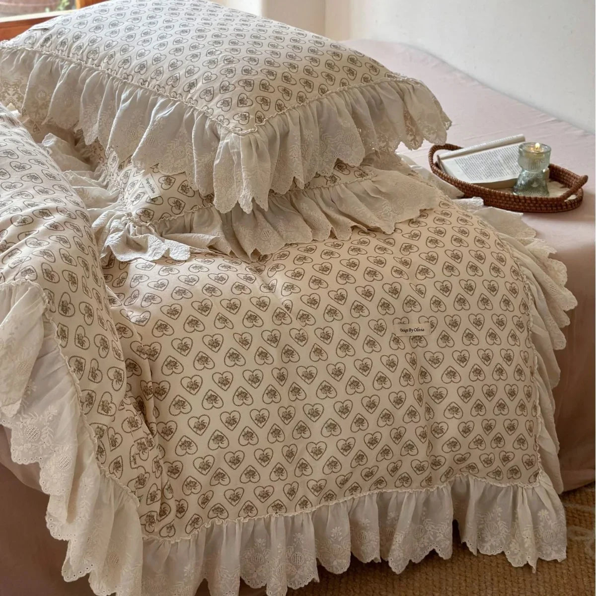 Duvet Cover Heart & Rose Print Lace Ruffle Cotton-Blend