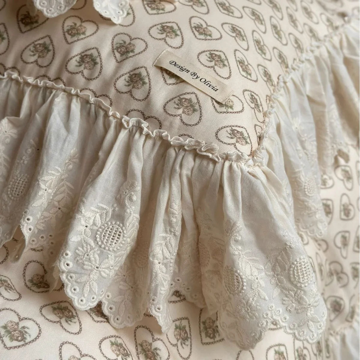 Duvet Cover Heart & Rose Print Lace Ruffle Cotton-Blend