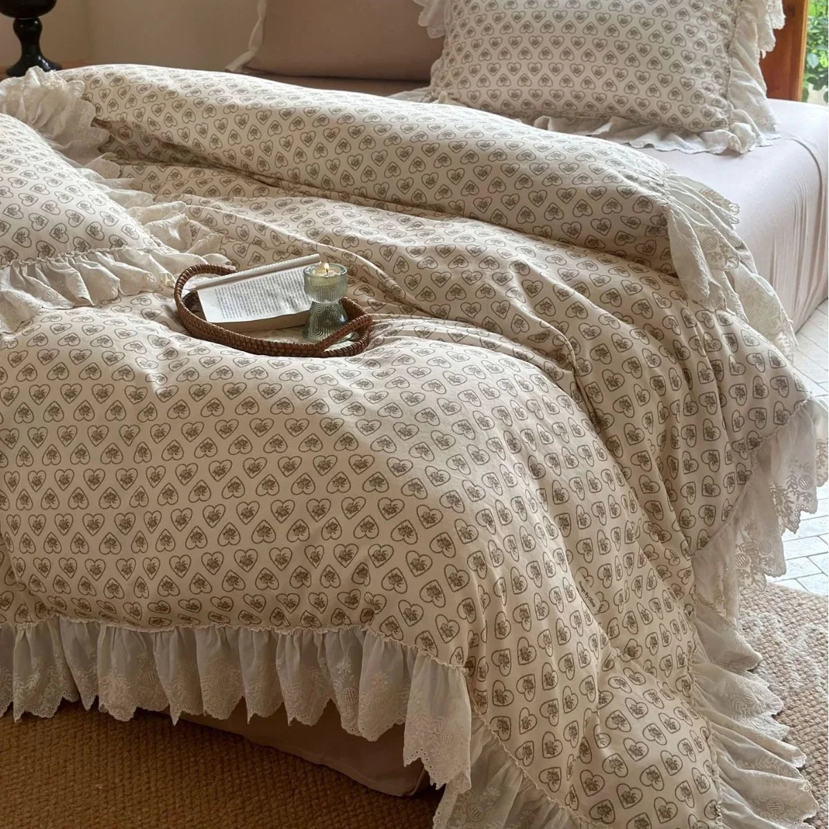 Duvet Cover Heart & Rose Print Lace Ruffle Cotton-Blend