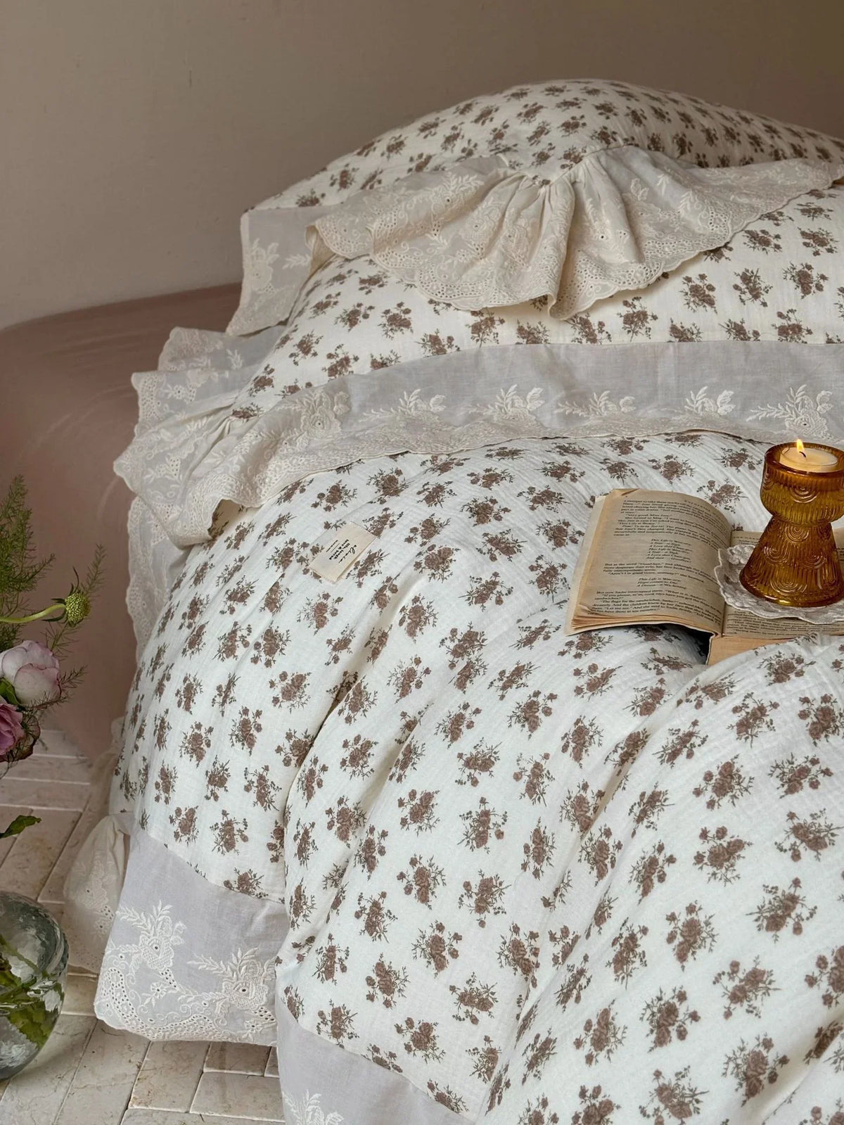 Duvet Cover Heart & Rose Print Lace Ruffle Cotton-Blend