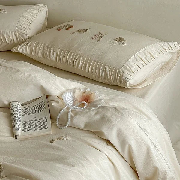 Duvet Cover Set 100% Cotton Floral Embroidery 4-Piece