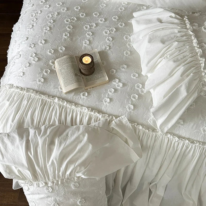 Duvet Cover Set 3D Floral Embroidery Ruffled Border