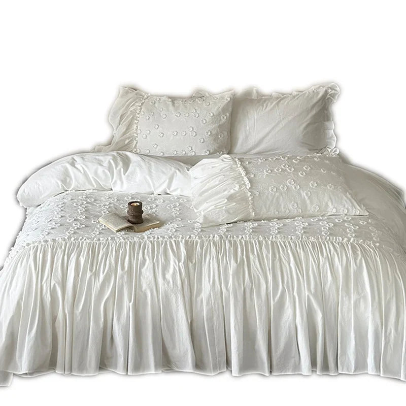 Duvet Cover Set 3D Floral Embroidery Ruffled Border