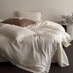 Duvet Cover Set 4-Piece Linen-Look Cotton Blend Lace Trim