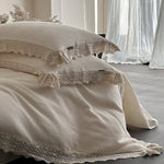 Duvet Cover Set 4-Piece Linen-Look Cotton Blend Lace Trim