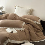 Duvet Cover Set 4-Piece Linen-Look Cotton Blend Lace Trim