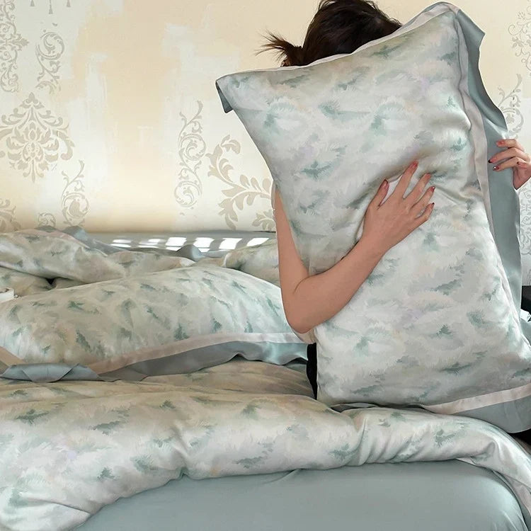 Duvet Cover Set 4-Piece Mako Cotton Breathable Watercolor Fern