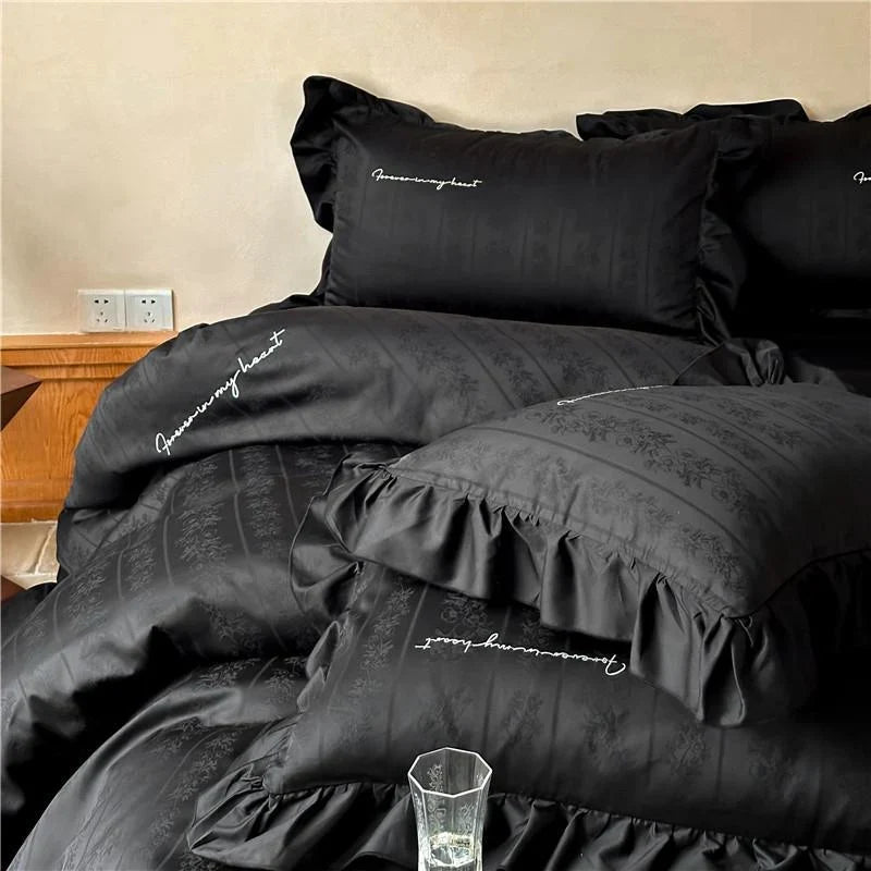 Duvet Cover Set 4-Piece Silky Satin Jacquard Ruffled Edges