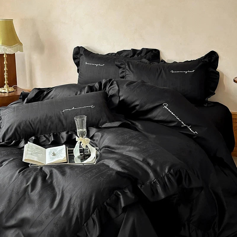 Duvet Cover Set 4-Piece Silky Satin Jacquard Ruffled Edges