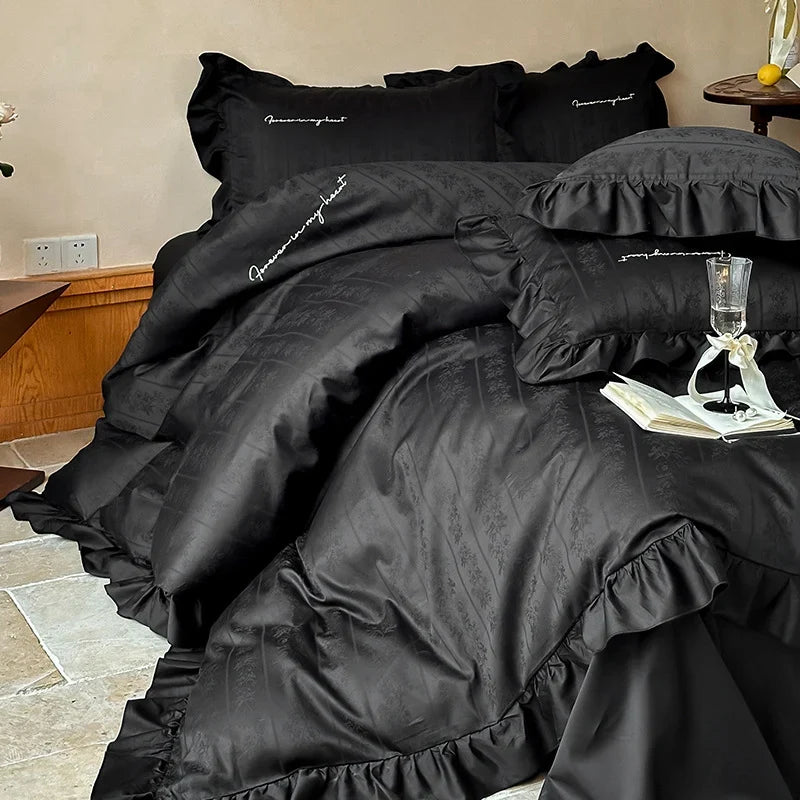 Duvet Cover Set 4-Piece Silky Satin Jacquard Ruffled Edges