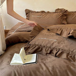 Duvet Cover Set 4-Piece Silky Satin Jacquard Ruffled Edges