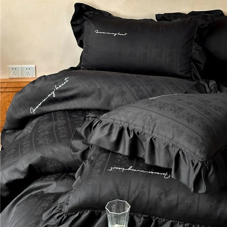 Duvet Cover Set 4-Piece Silky Satin Jacquard Ruffled Edges