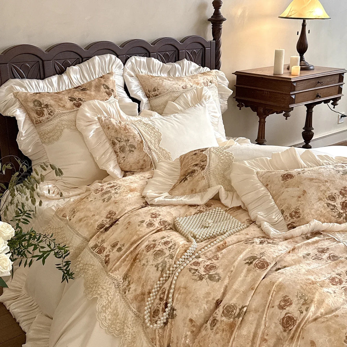 Duvet Cover Set Baby Velour Botanical Print Lace Trim