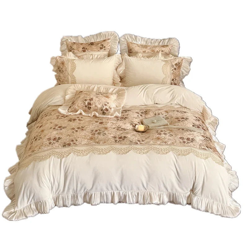 Duvet Cover Set Baby Velour Botanical Print Lace Trim