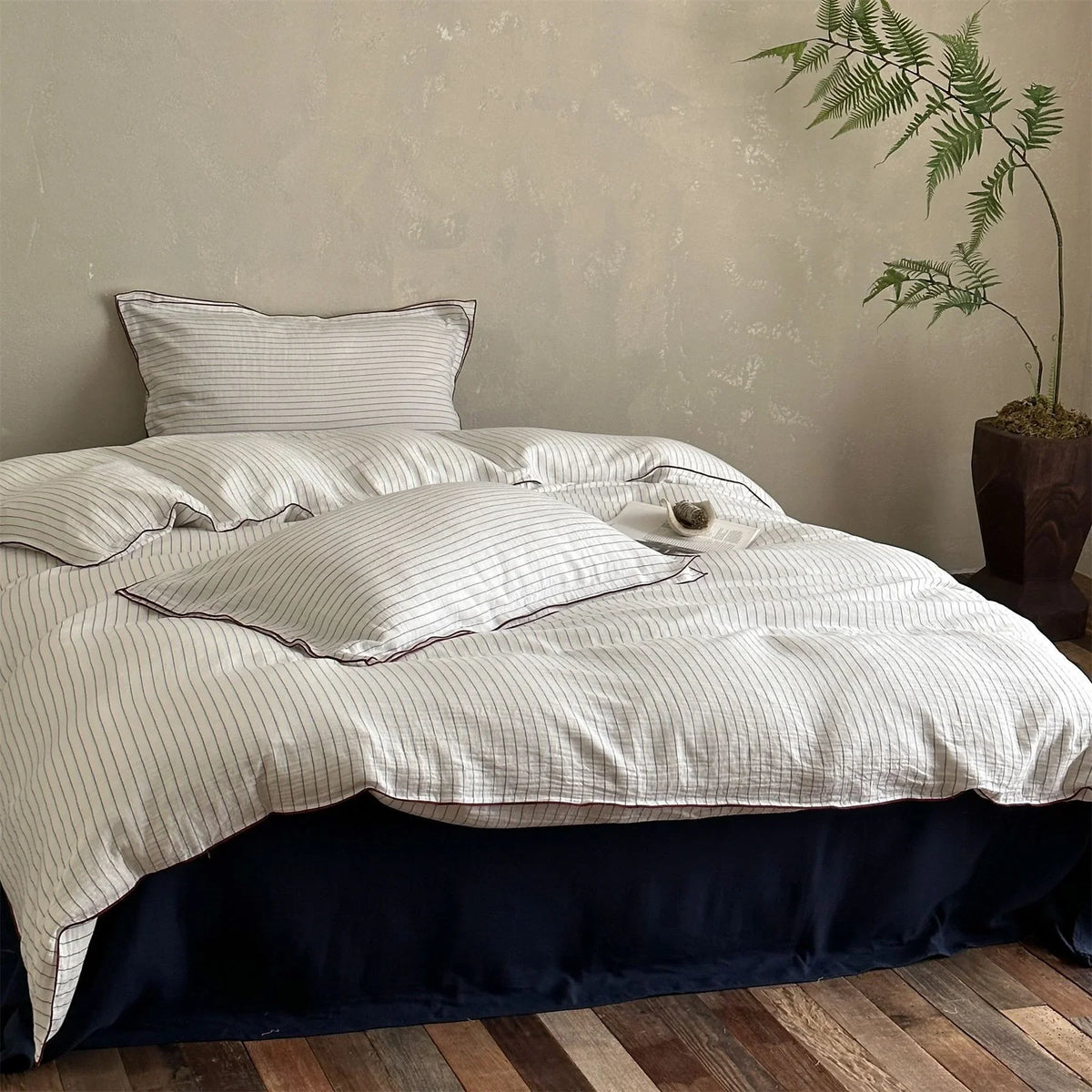 Duvet Cover Set Breathable Cotton Fine Stripes & Piping