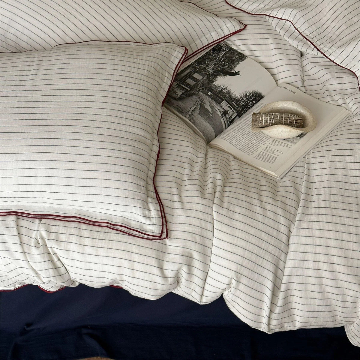 Duvet Cover Set Breathable Cotton Fine Stripes & Piping