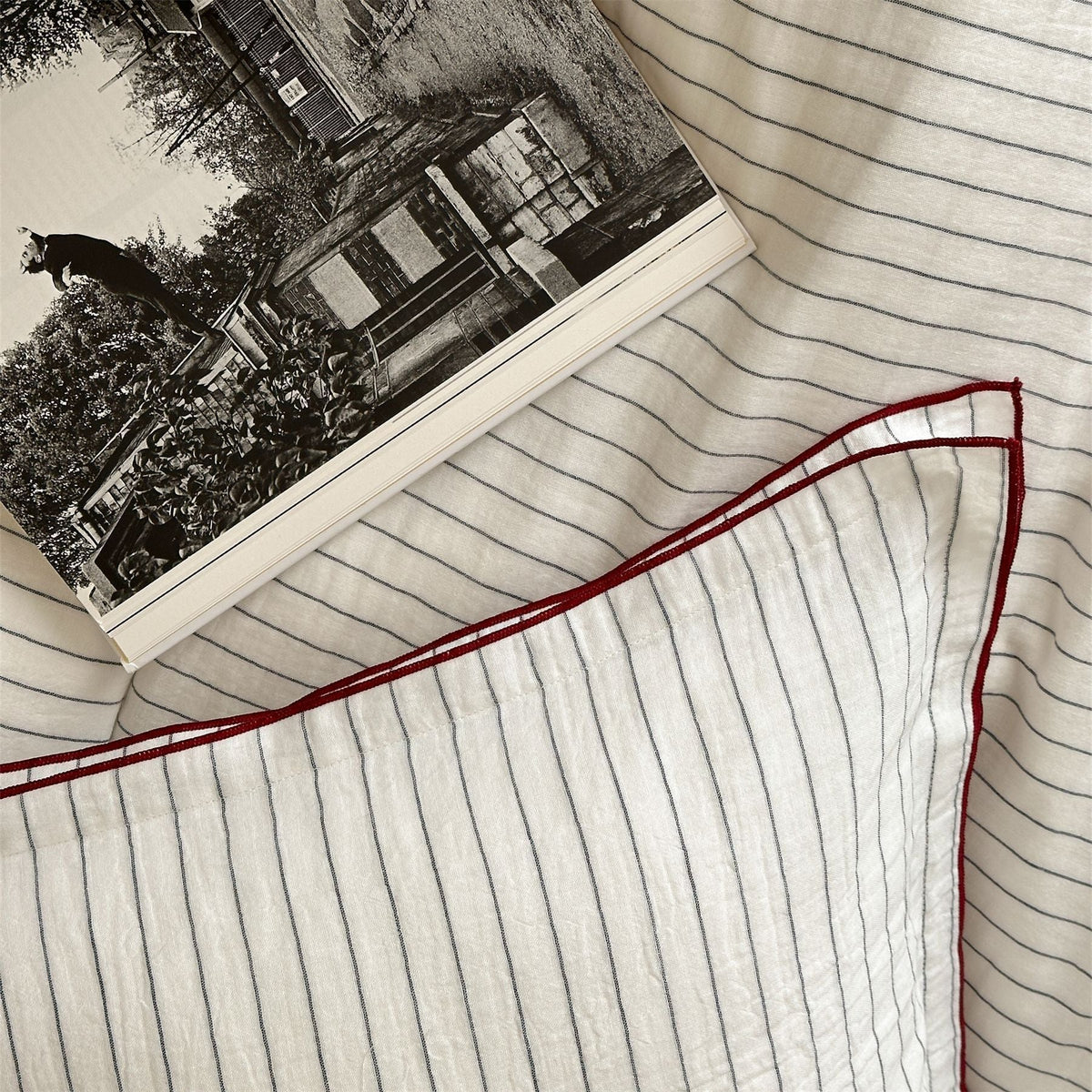 Duvet Cover Set Breathable Cotton Fine Stripes & Piping