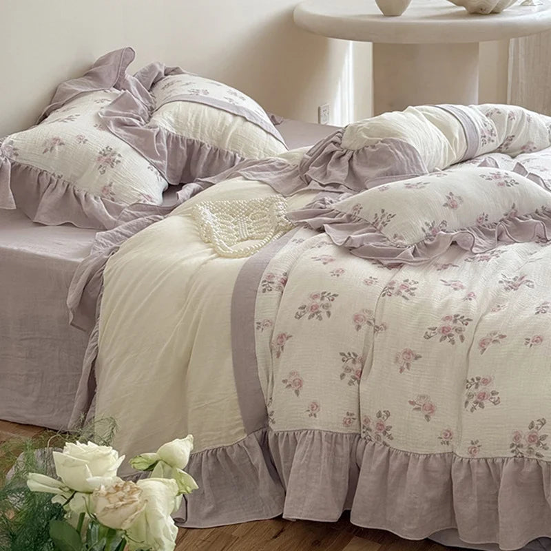 Duvet Cover Set Breathable Cotton Gauze Vintage Rose 4-Piece