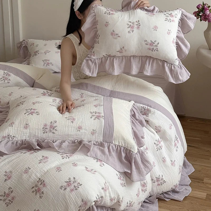 Duvet Cover Set Breathable Cotton Gauze Vintage Rose 4-Piece