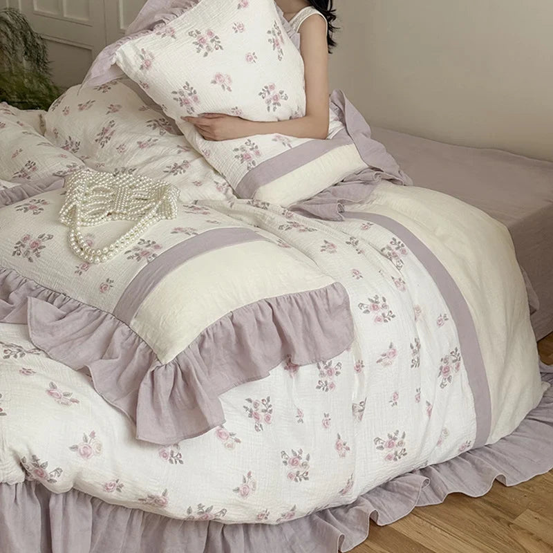 Duvet Cover Set Breathable Cotton Gauze Vintage Rose 4-Piece