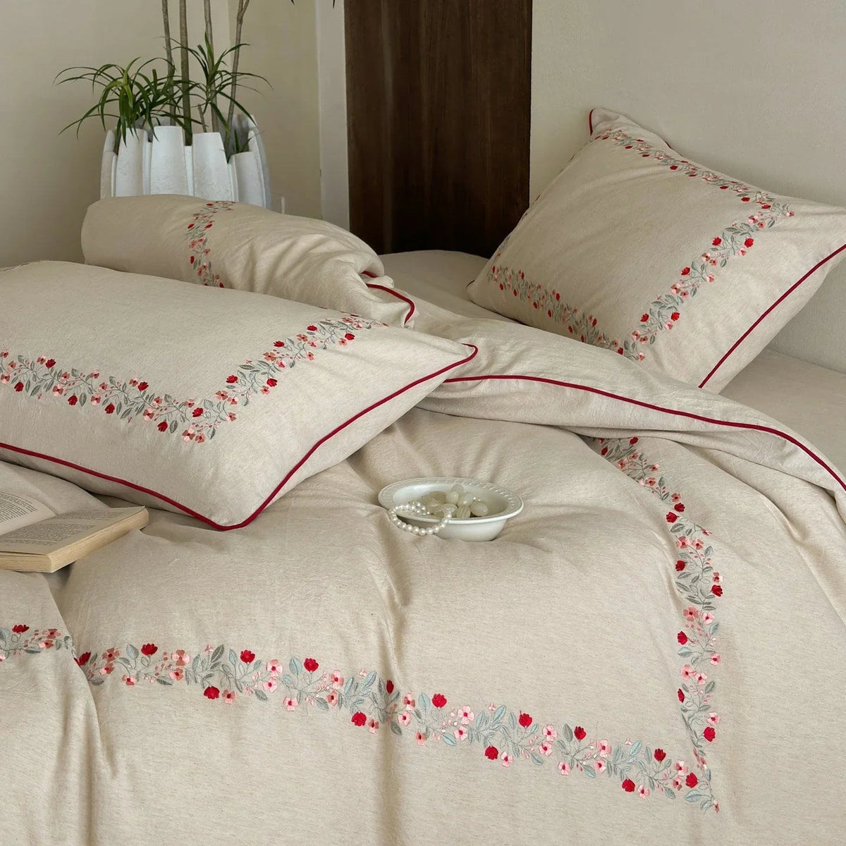 Duvet Cover Set Breathable Cotton-Linen Floral Embroidery
