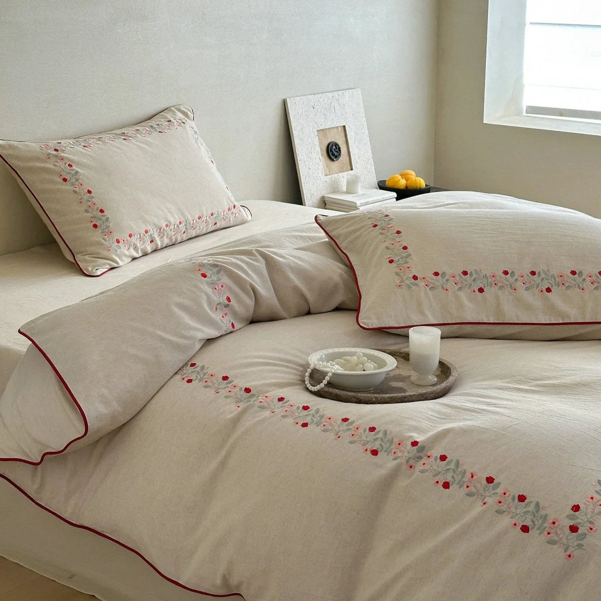 Duvet Cover Set Breathable Cotton-Linen Floral Embroidery