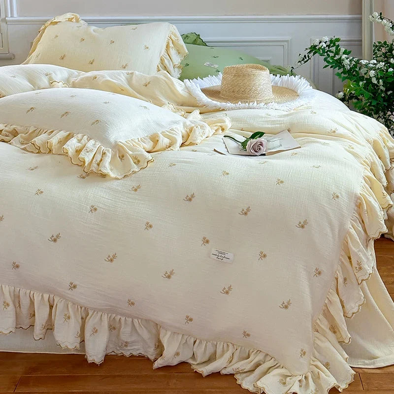 Duvet Cover Set Breathable Cotton-Linen Floral Embroidery & Ruffle