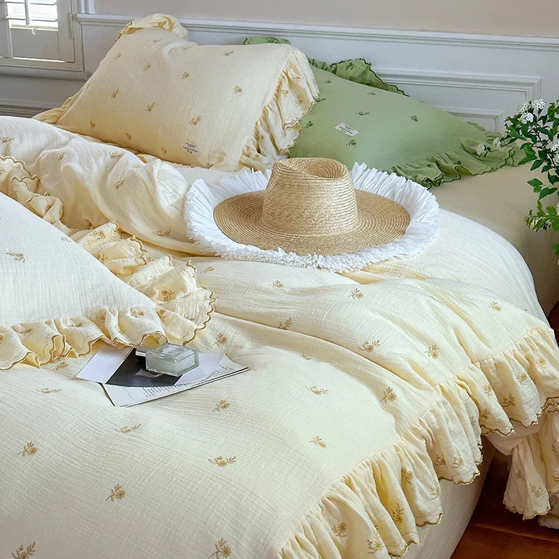 Duvet Cover Set Breathable Cotton-Linen Floral Embroidery & Ruffle