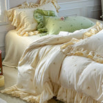Duvet Cover Set Breathable Cotton-Linen Floral Embroidery & Ruffle