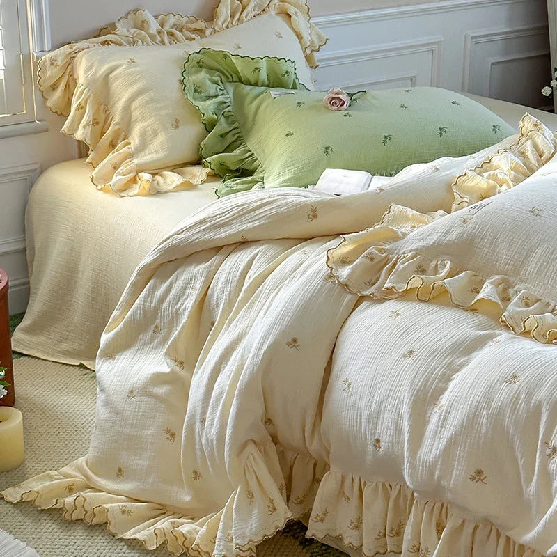 Duvet Cover Set Breathable Cotton-Linen Floral Embroidery & Ruffle