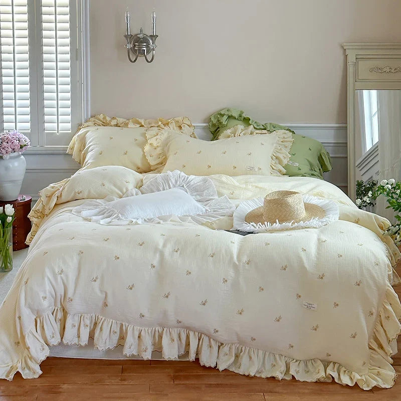 Duvet Cover Set Breathable Cotton-Linen Floral Embroidery & Ruffle