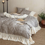 Duvet Cover Set Breathable Cotton-Linen Lace Ruffle 4-Piece
