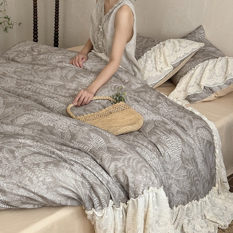 Duvet Cover Set Breathable Cotton-Linen Lace Ruffle 4-Piece