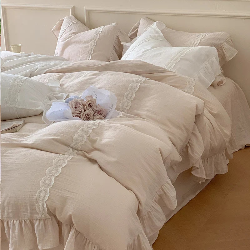 Duvet Cover Set Breathable Cotton-Linen Reversible Lace Ruffle
