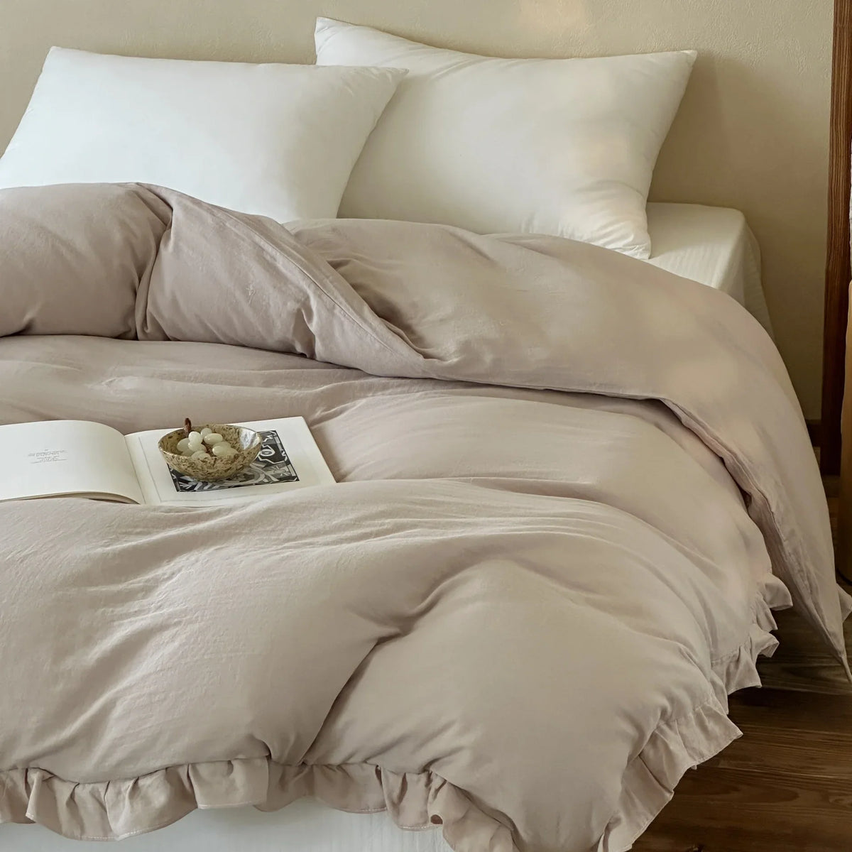 Duvet Cover Set Breathable Cotton-Linen Ruffled Edge