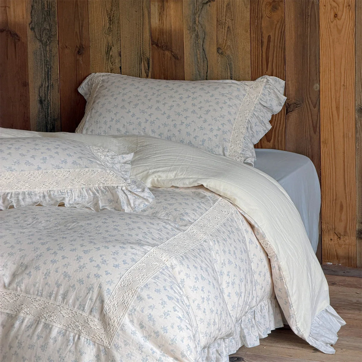 Duvet Cover Set Breathable Cotton-Linen Ruffled & Lace Trim