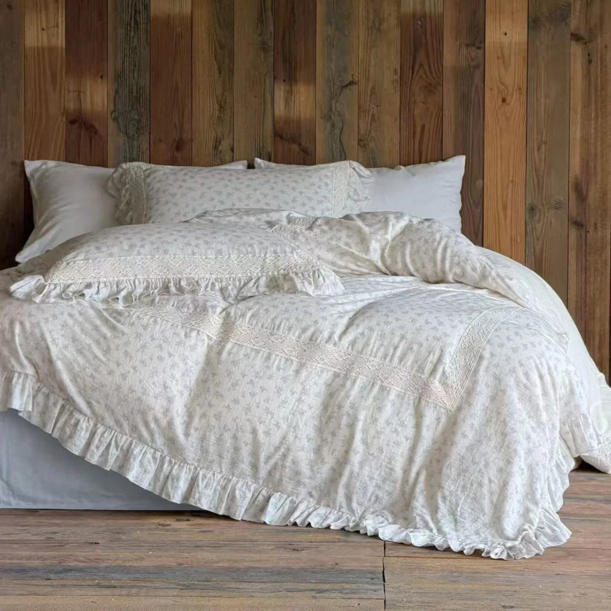 Duvet Cover Set Breathable Cotton-Linen Ruffled & Lace Trim