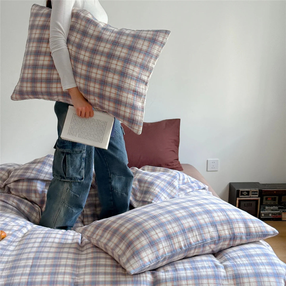 Duvet Cover Set Breathable Cotton Muslin Pastel Check
